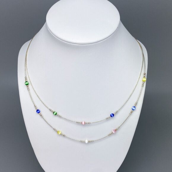 NWOT Sterling Silver 925 Multicolor Simulated Tiger's Eye Station Necklace 15.5" - Picture 1 of 4